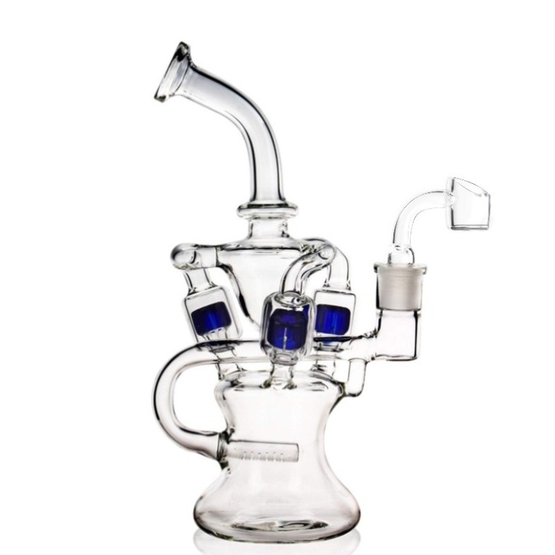 10 Zoll 3 Farben Glasbong Dual Perc Recycler Perc Glas Wasserpfeife große Bohrinseln Recycler Glasbong Dab Rig Banger 14 mm