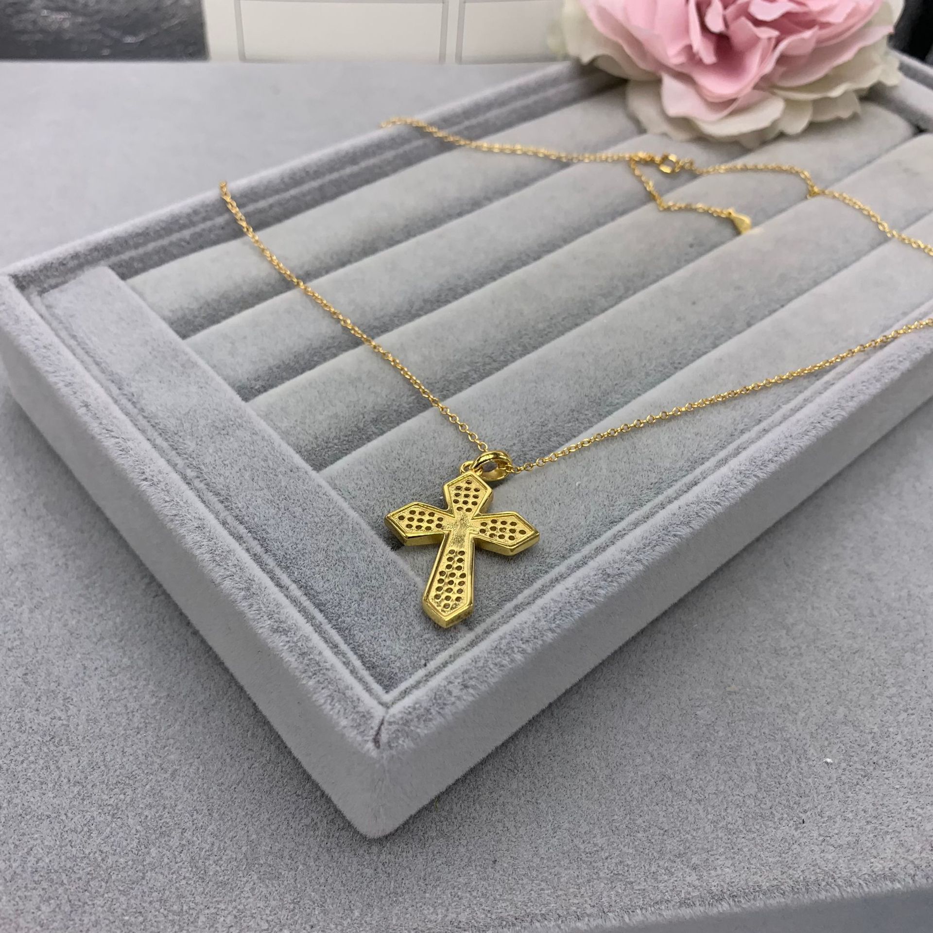 2023 European and American fashion design s925 sterling silver double cross collar chain simple and exquisite shiny zircon gold