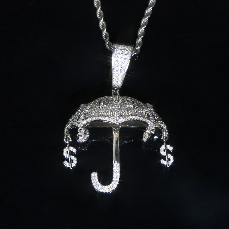 New Designer Silver Gold Color Umbrella Charme com Chain Pingente Chain Colar Hip Hop Homens Homens Pavimentados 5a Jóias de Presente de Partido de Zircônia Cúbica