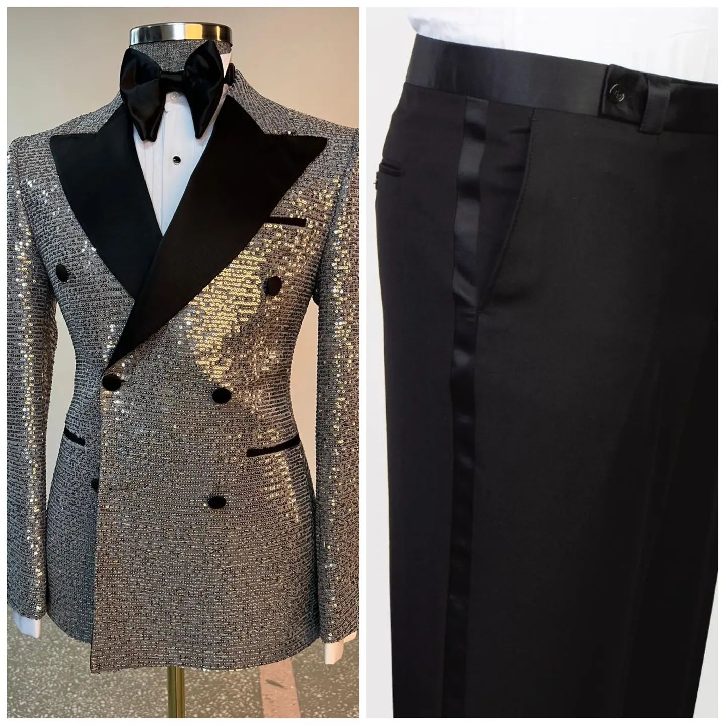 Sparkly Men Suits For Wedding Peaked Lapel Groom Wear Double Breasted Tuxedos Coat With Pants Prom Evening Party Customize