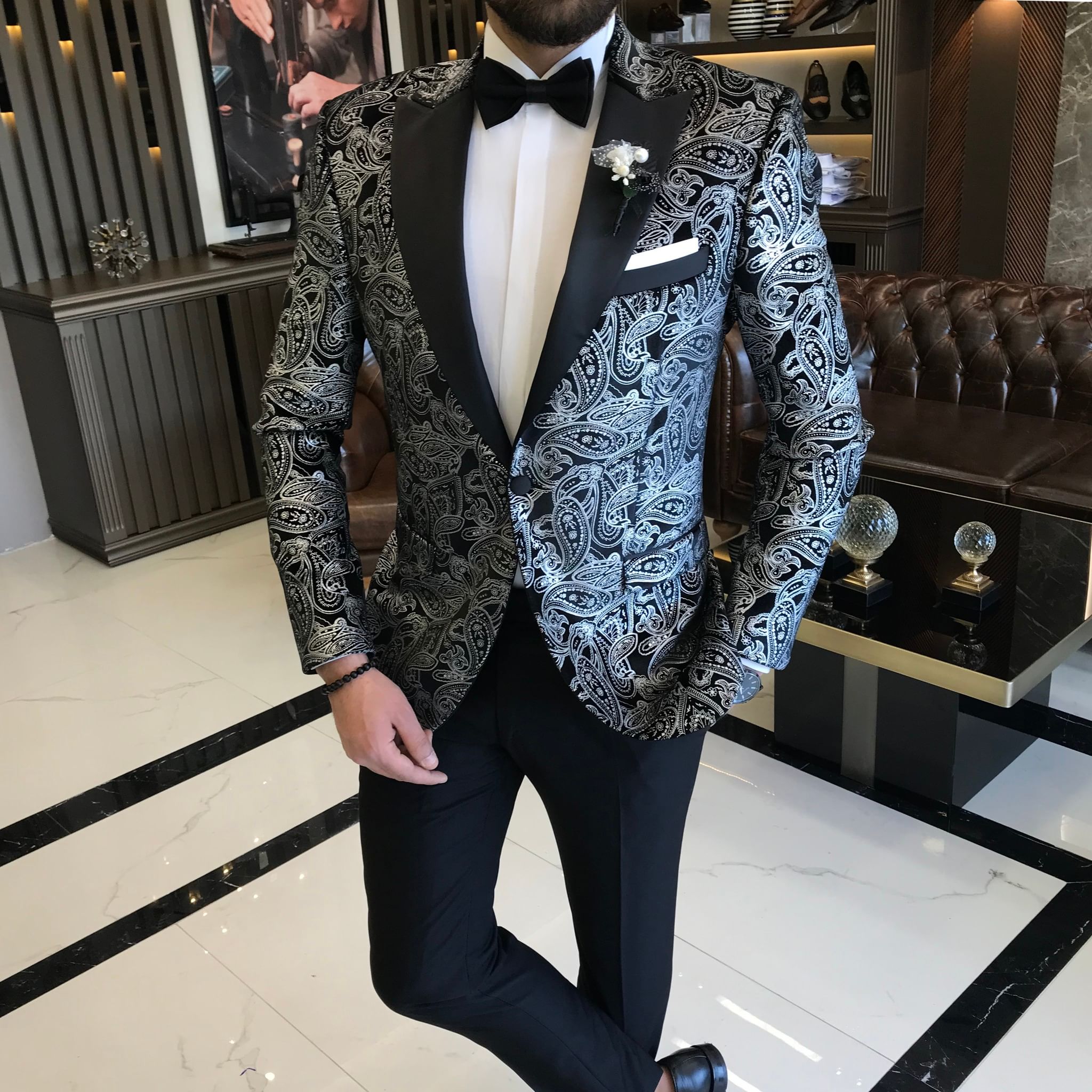 Floral Jacquard Suits For Men Wedding Tuxedos Fashion Groom Wear Formal Business Classic Jacket Pants Anpassa