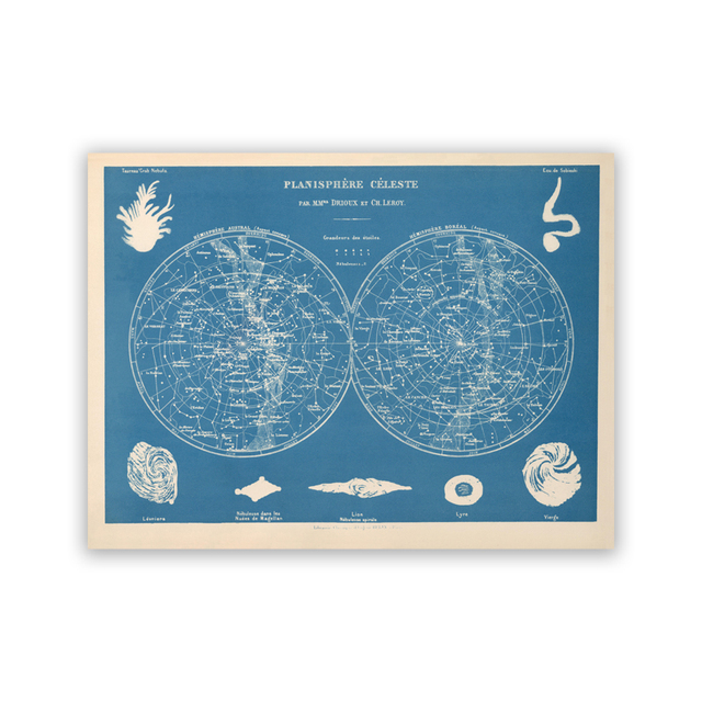 Astronomia astrologiczna francuska podwójna półkula mapa świata malowanie płócienne Plaksowe plakaty mapy Planisphere i druk sztuki ścienne do salonu dekoracje WO6