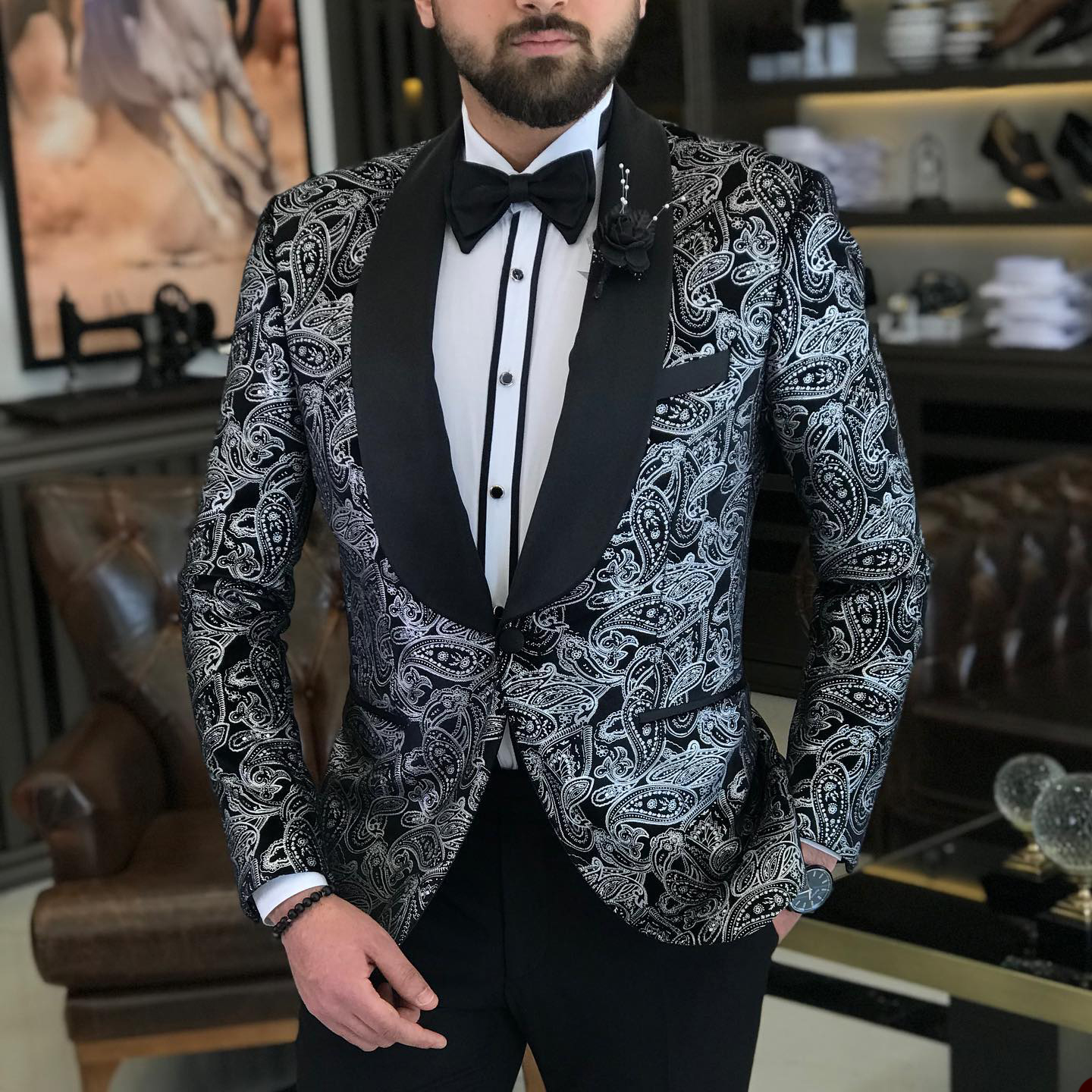 Floral Jacquard Suits For Men Wedding Tuxedos Fashion Groom Wear Formal Business Classic Jacket Pants Anpassa