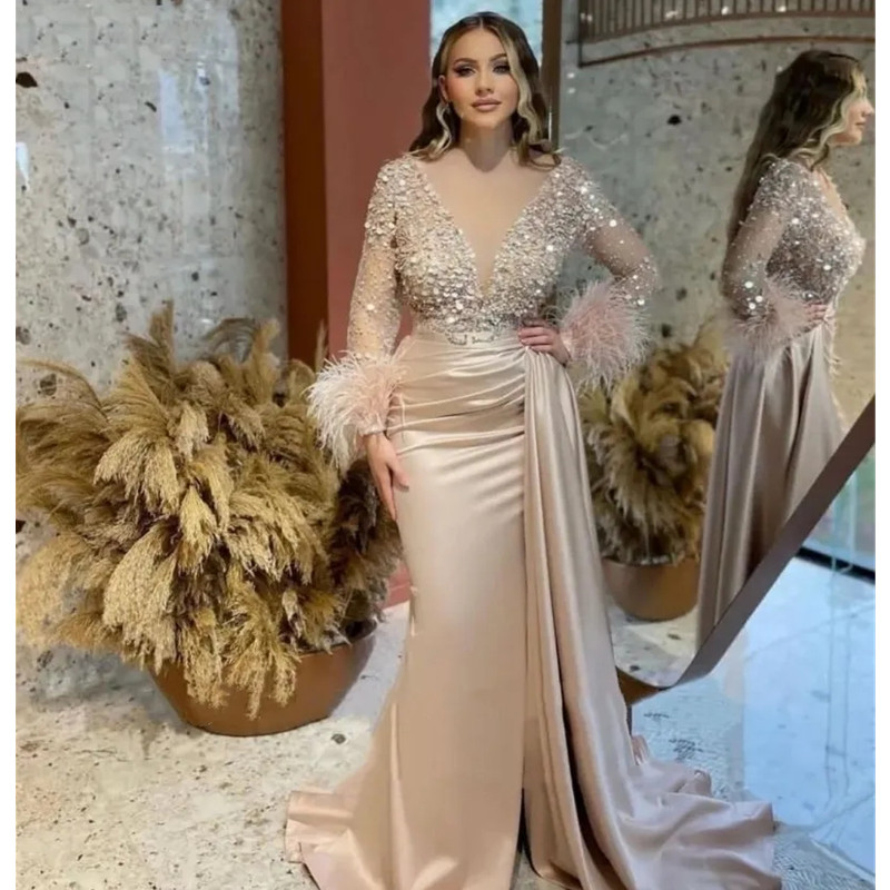 Luxury Beaded Feathers Prom Dresses Long Sleeves Trumpet Mermaid Champagne Satin Arabic Women Party Evening Gowns 2024