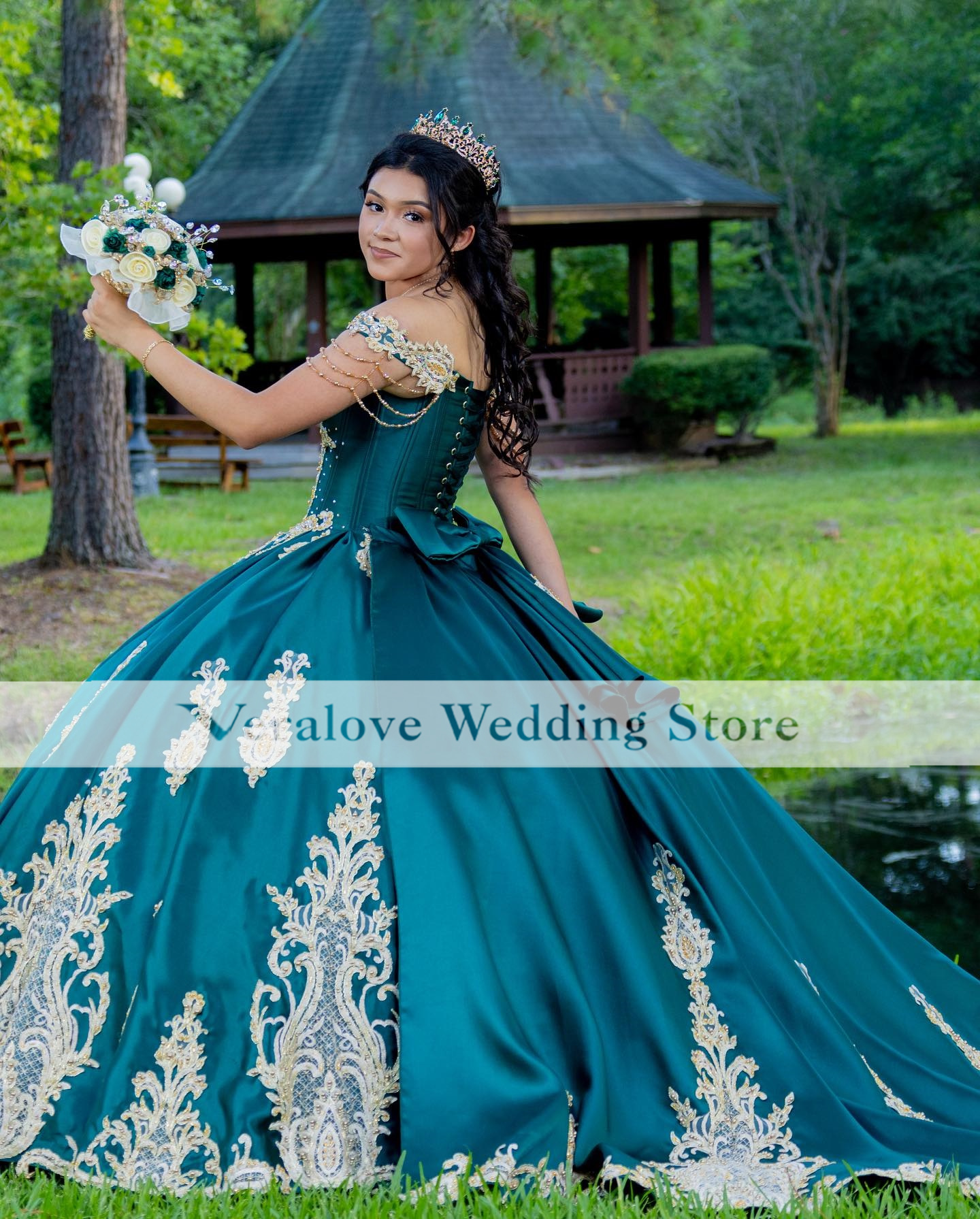 Green Mexican Charro Quinceanera dresses Off Shoulder Gold 3D Floral Beaded Corset vestido de debutantes