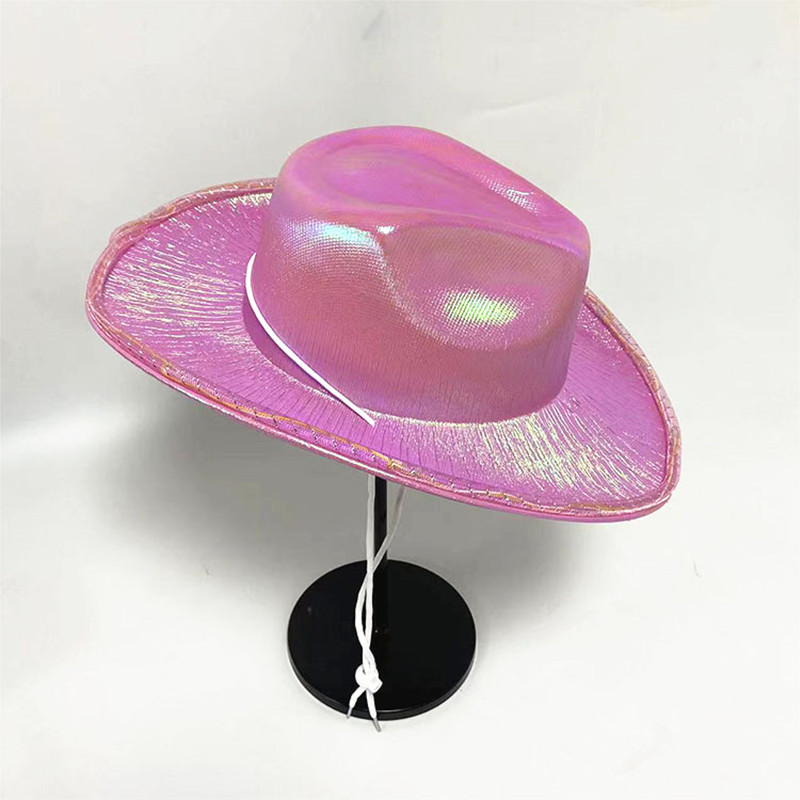 LED Vit ljus upp cowboyhattar Neon Cowgirl Hat holografiska rave fluorescerande hattar med justerbar vindtät sladd för Halloween kostymtillbehör