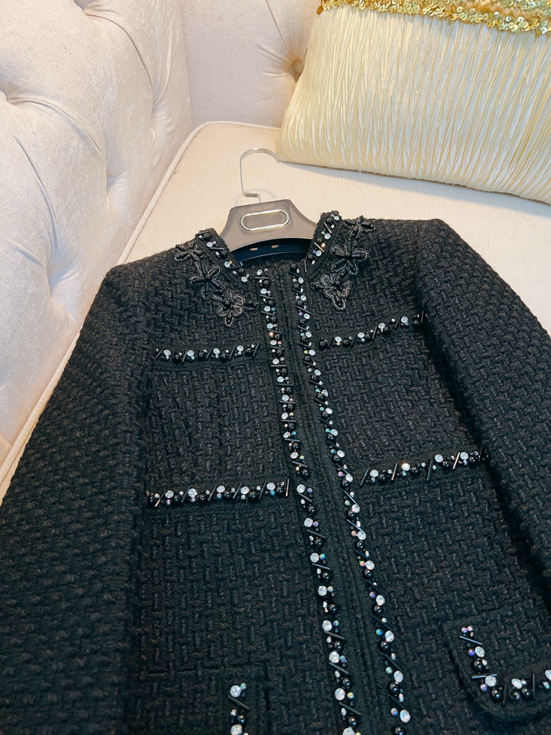 2023 Autumn Black vaste kleur kralen tweed jas lange mouw ronde nek panelen klassieke jassen jassen kort