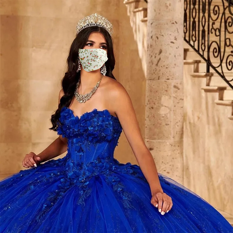 2023 Prinzessin Königsblaues Quinceanera-Kleid mit schulterfreiem Herzausschnitt und 3D-Blumen-Ballkleid, eleganten Tüllkleidern