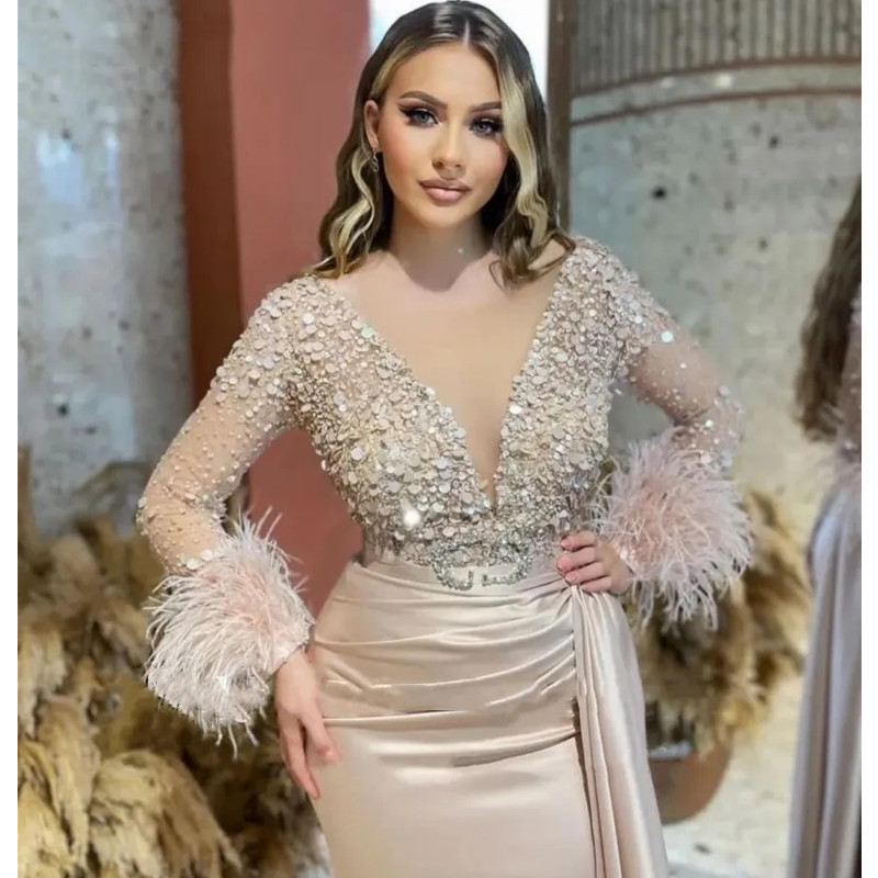 Luxury Beaded Feathers Prom Dresses Long Sleeves Trumpet Mermaid Champagne Satin Arabic Women Party Evening Gowns 2024