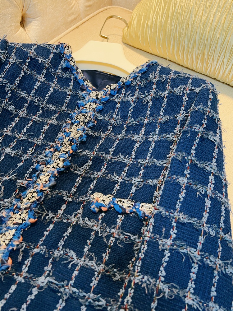 2023 Autumn Blue Plaid Print Panele Tweed Kurtka Długie rękaw okrągła szyja podwójne kieszenie klasyczne kurtki Płaszcz Krótka warstwowa część a3G146587