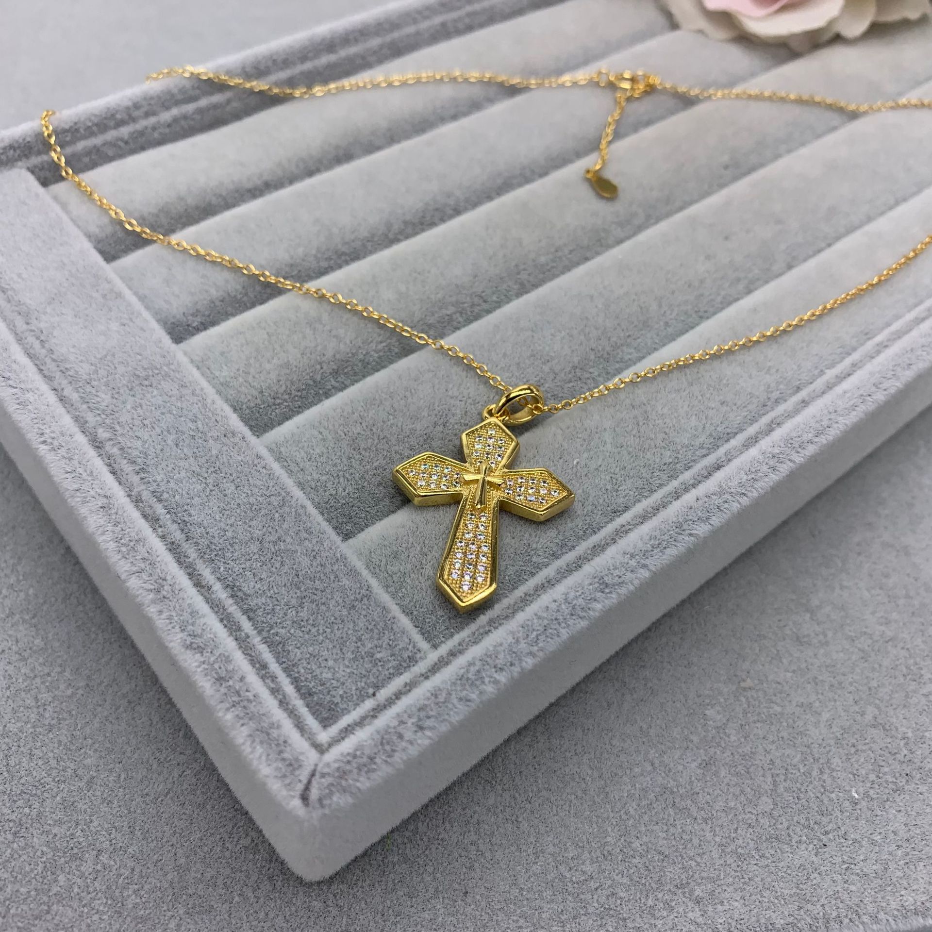 2023 European and American fashion design s925 sterling silver double cross collar chain simple and exquisite shiny zircon gold