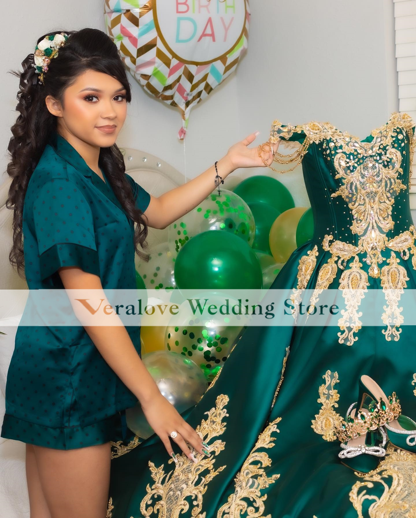 Green Mexican Charro Quinceanera dresses Off Shoulder Gold 3D Floral Beaded Corset vestido de debutantes