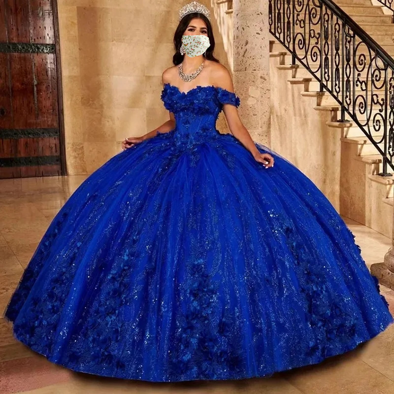 2023 Prinzessin Königsblaues Quinceanera-Kleid mit schulterfreiem Herzausschnitt und 3D-Blumen-Ballkleid, eleganten Tüllkleidern