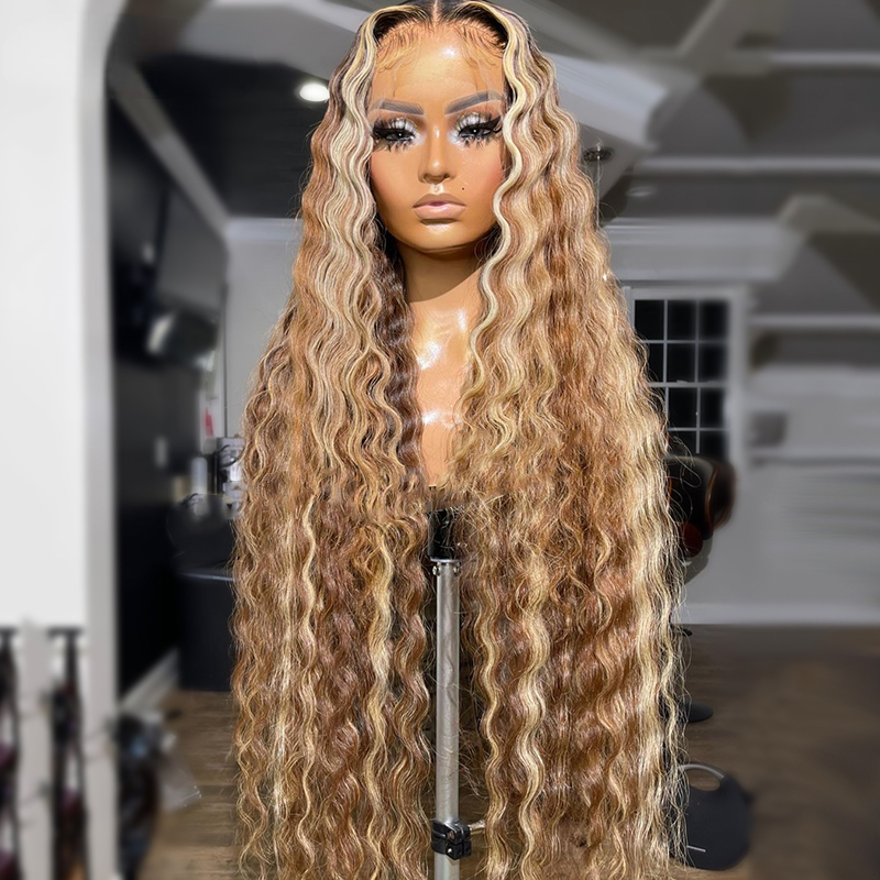 40-Zoll langes brasilianisches Haar Highlight Braun Blonde Deep Wave Spitze Frontalperücke vorgeplanter Honigblonde Spitze vordere Perücken für Frauen synthetische hitzebeständige gemischte