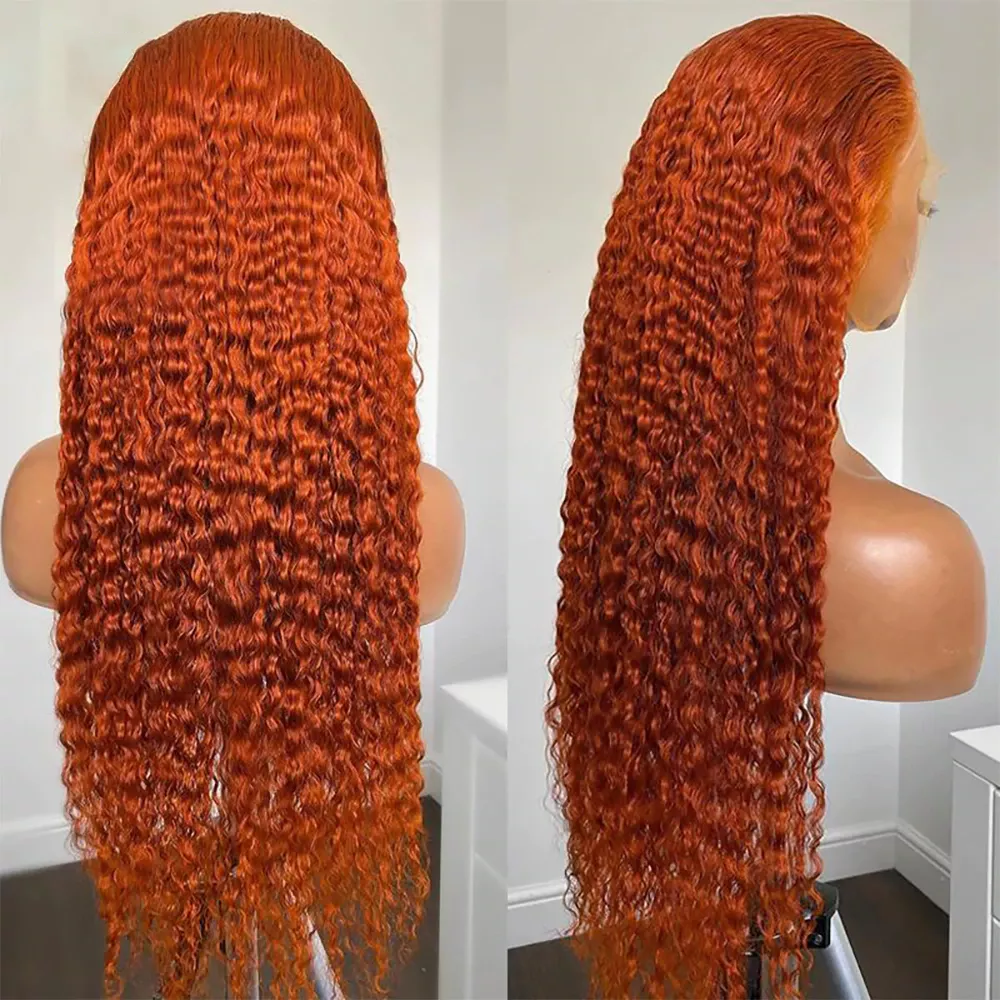 220%density 30 Inch Ginger Orange Loose Curly Transparent Lace Front Human Hair Wig Deep Wave Colored 13x4 Lace Frontal Wigs for Women