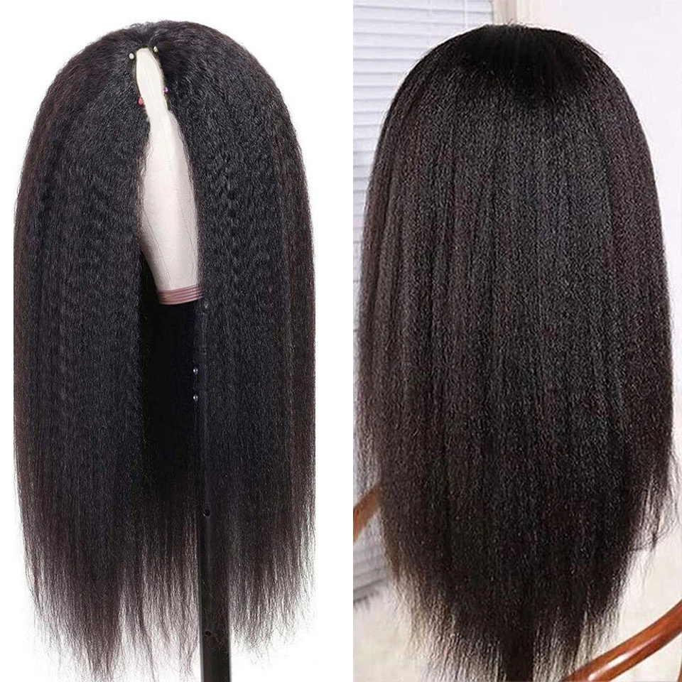 Affordable human hair relaxed and pressed yaki straight easy thin v part wig