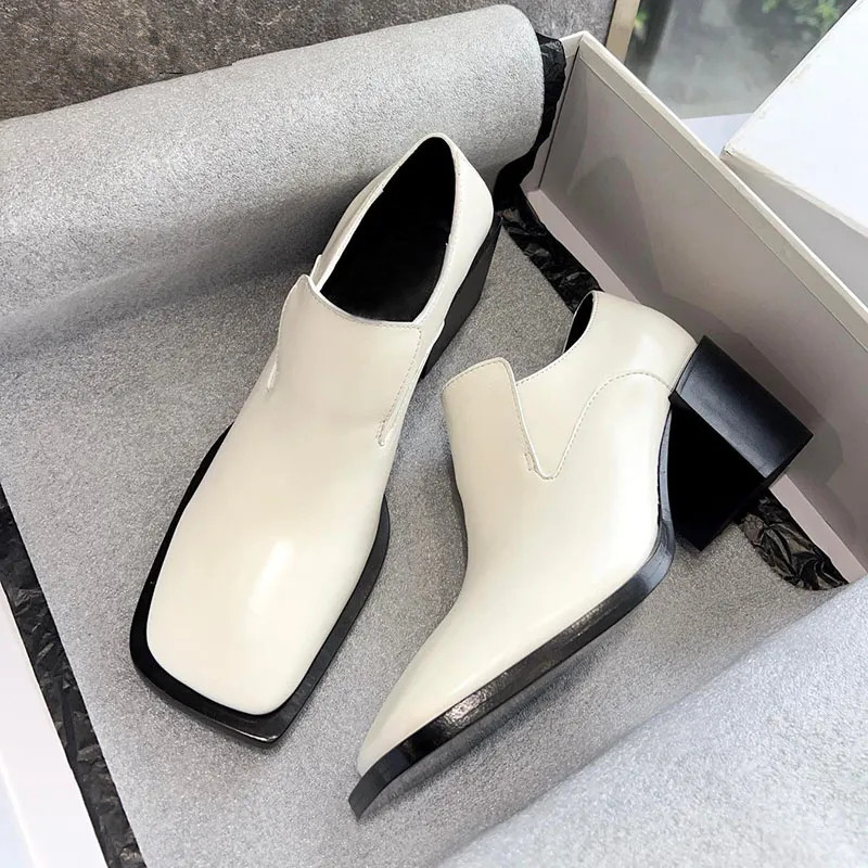 Vintage Women's Pumps Square Toe Block Heel Oxfords Black Leather Retro Shoes Office Ladies Professional Shoes