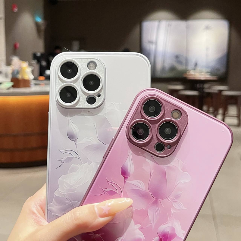 Moda Rosa Flor Temperado Óleo De Vidro Líquido Capas De Silicone Para Iphone 15 14 Pro Max Plus 13 12 11 Iphone15 Luxo Elegante Floral Furo Fino Celular Capa Traseira Pele