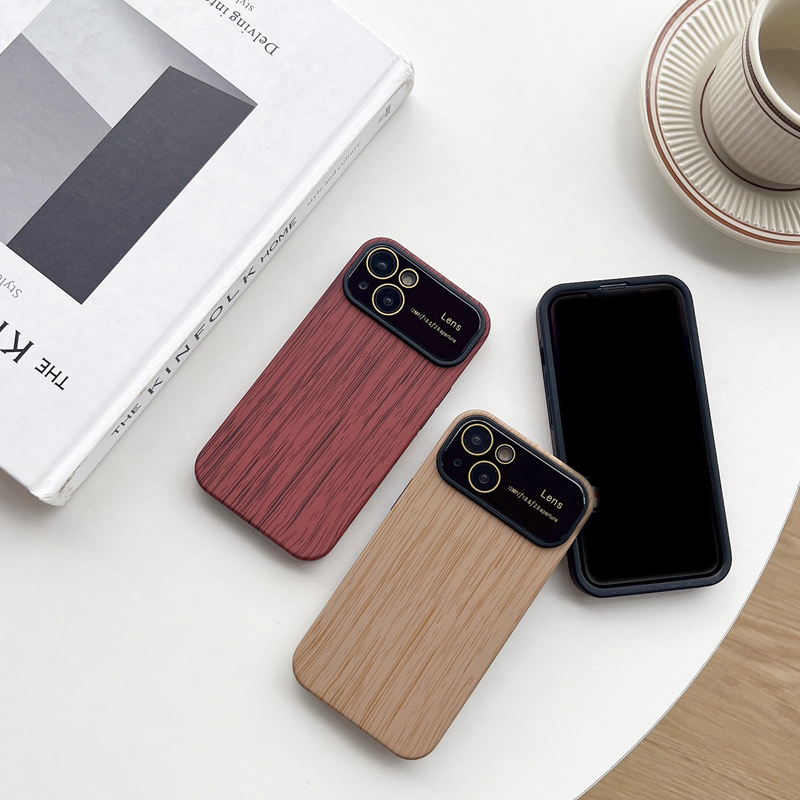 Lens Protector Retro Wood Grain Soft TPU Études pour iPhone 15 14 Pro Max 13 12 11 iPhone15 Hard PC Grande fenêtre chromée Placage métallique Placage Mobile Téléphone Couverture Skin