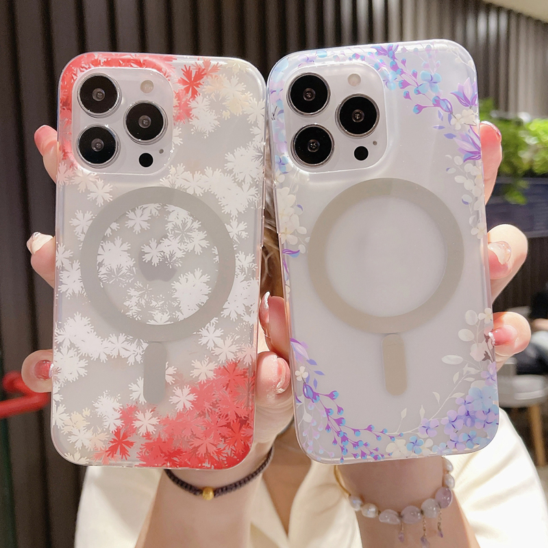 Frosted Flower Magnetic Wireless Charging Cases For Iphone 15 Pro MAX 14 Plus 13 12 11 Fashion Stylish Floral Soft IMD TPU Magnet Matte Translucent Mobile Phone Cover