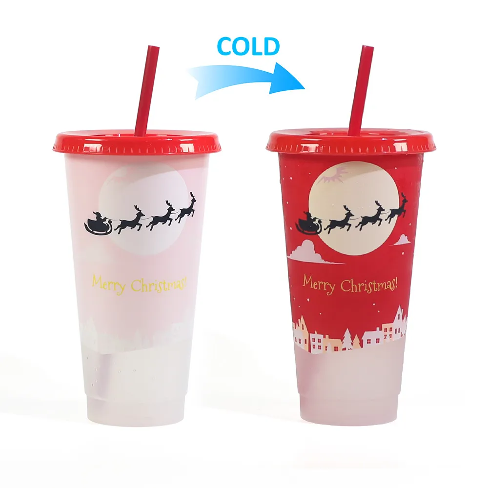 24OZ/710ml Christmas Halloween Mug Color-Changing Water Cup Cold-Changing Drink Straw Cup Fruit Tea PP Temperature-Sensitive Plastic Cups Gift