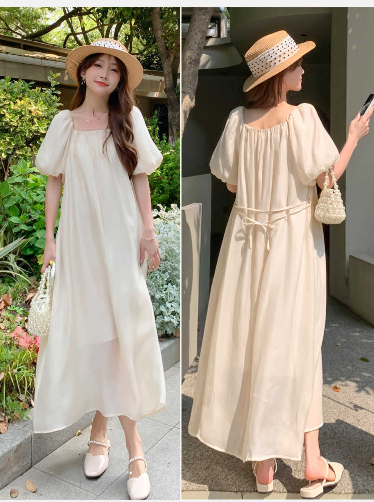 Pregnant Woman Summer Dress Puff Sleeve Square Collar Solid Color Maternity Beach Dress Long Loose Pregnancy Holiday Clothes