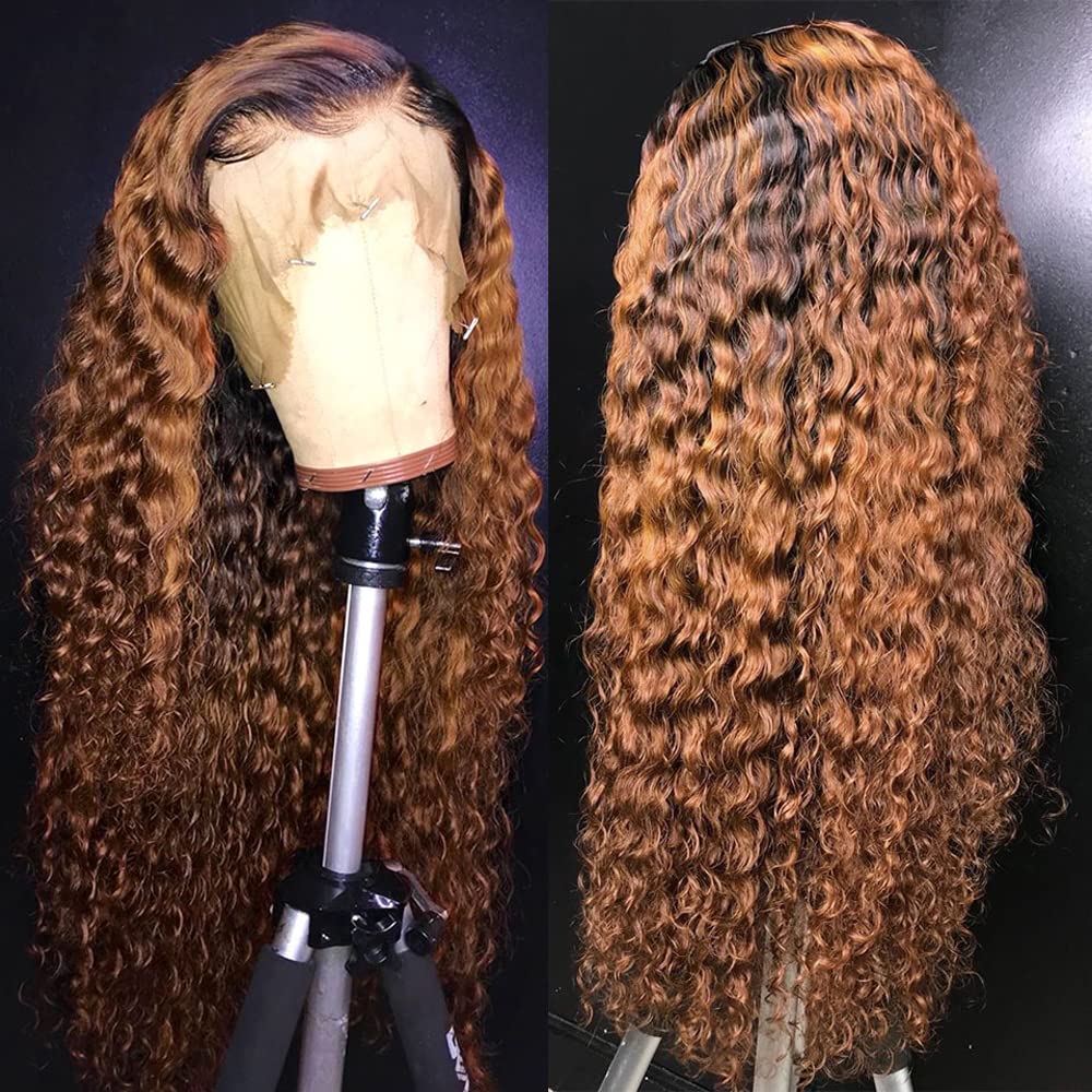 30 tum Highlight Ombre Colored 13x4 Curly 220%Density Human Hair Spets Frontal Wig Brazilian Remy Honey Blonde Deep Wave 4x4 Stängningar peruker