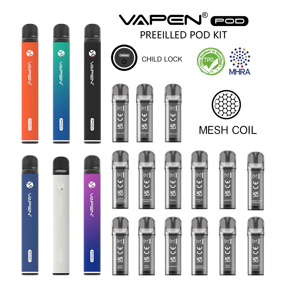 오리지널 vapen 포드 교체 가능한 메쉬 코일 일회용 vape e 담배 TPD MHRA 인증 ELFA 호환 아동 잠금 500mAh 충전식 배터리 20mg 리플렉셔리 CIGS