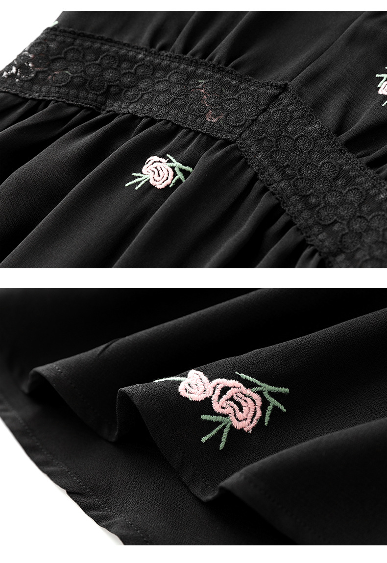 2023 Summer Black Contrast Color Broiderylace Dress Kort ärm V-ringning Panelen MIDI Casual Dresses W3L043605