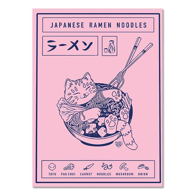 Японский рамен холст рисовать животные кошачьи мультипликационные плакаты и принты стена картинка лапша детская кухонная столовая украшение для дома wo6