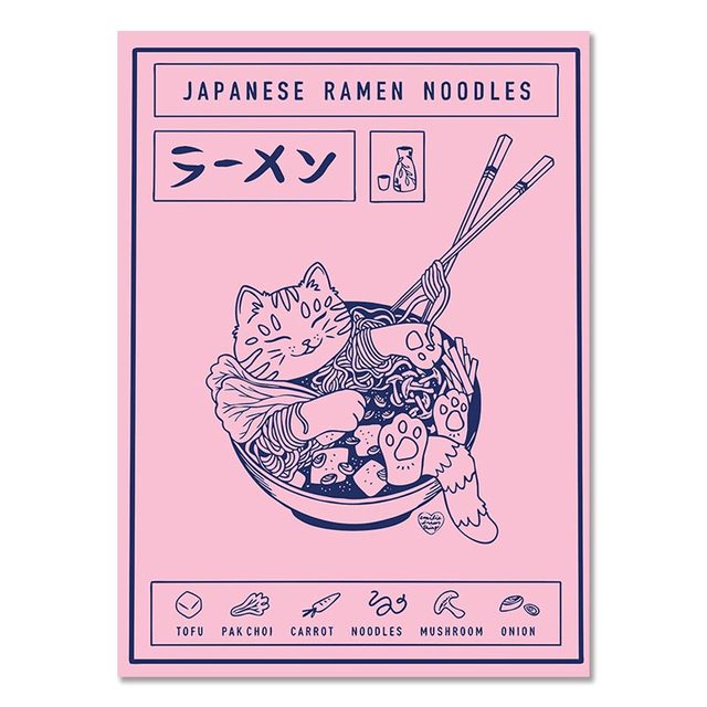 Canvas de ramen japoneses pintando pôsteres de desenhos animados de animais e estampas de parede de parede com alimentos para crianças decoração de sala de jantar de cozinha para casa wo6