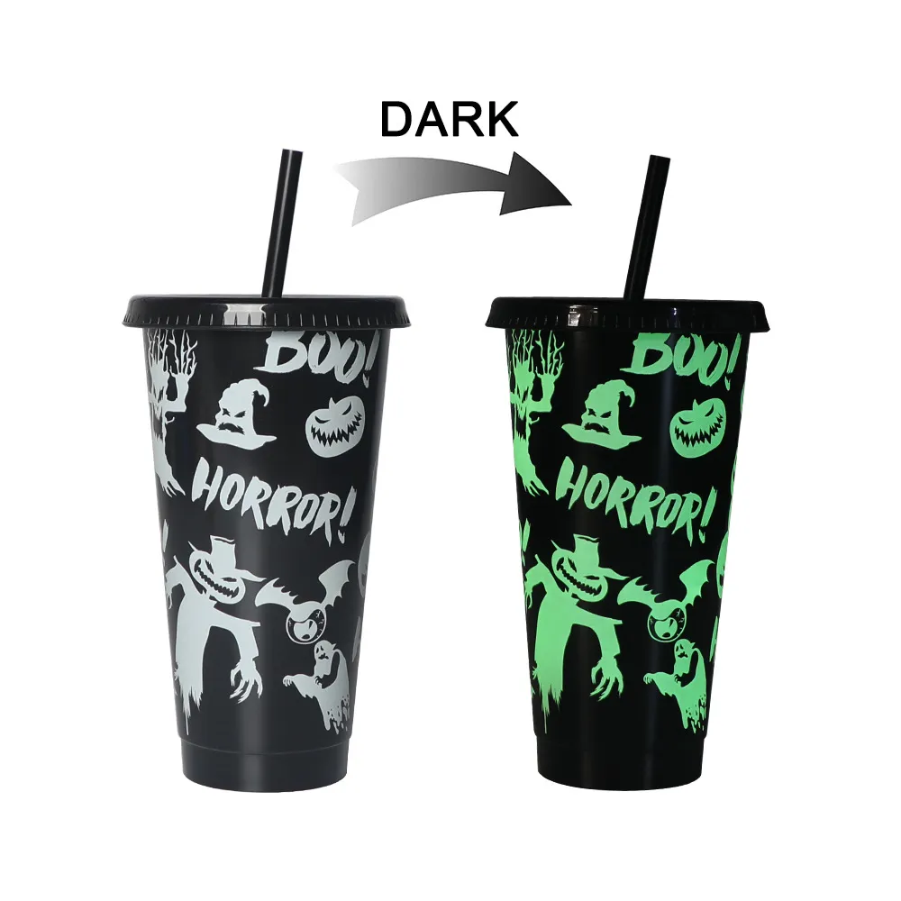 24OZ/710ml Christmas Halloween Mug Color-Changing Water Cup Cold-Changing Drink Straw Cup Fruit Tea PP Temperature-Sensitive Plastic Cups Gift