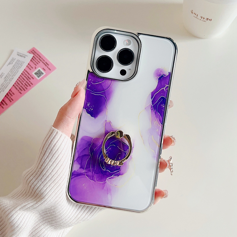 Chromed Cases For Iphone 15 Pro Max 15 Plus Phone15 Luxury Bling Marble Plating Hard PC TPU Rock Stone Metal Finger Ring Holder Metallic Skin Phone Kickstand Cover