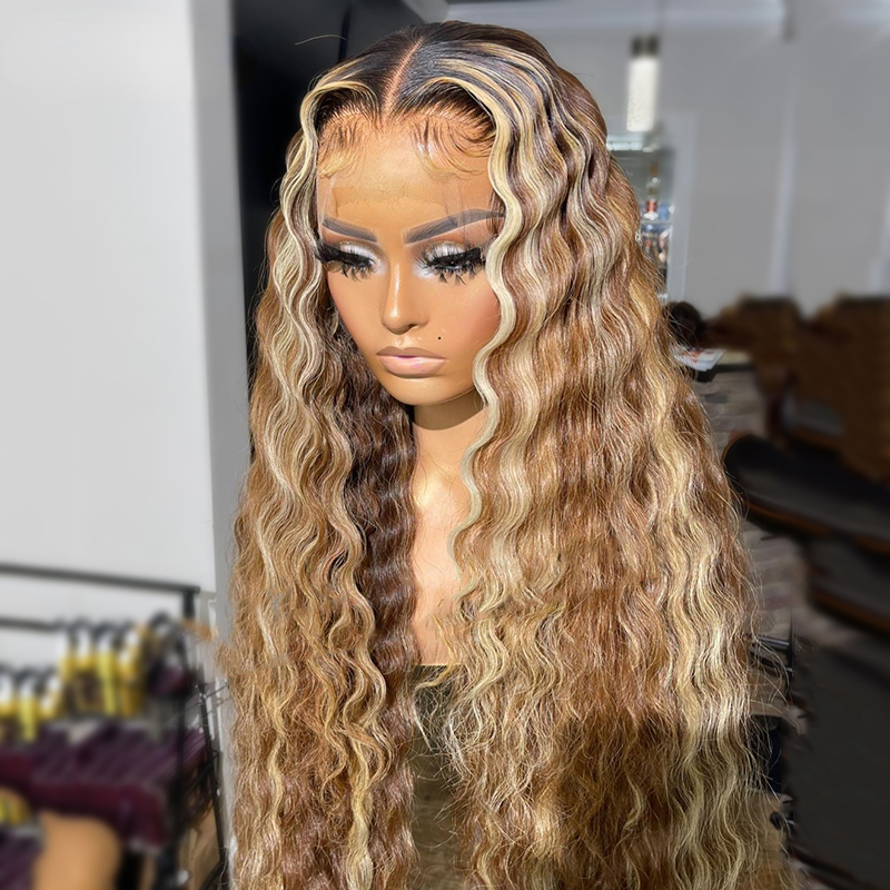 40inches Long Brazilian Hair Highlight Brown Blonde Deep Wave Lace Frontal Wig Pre-Plucked Honey Blonde Lace Front Wigs For Women Synthetic Heat Resistant Mixed