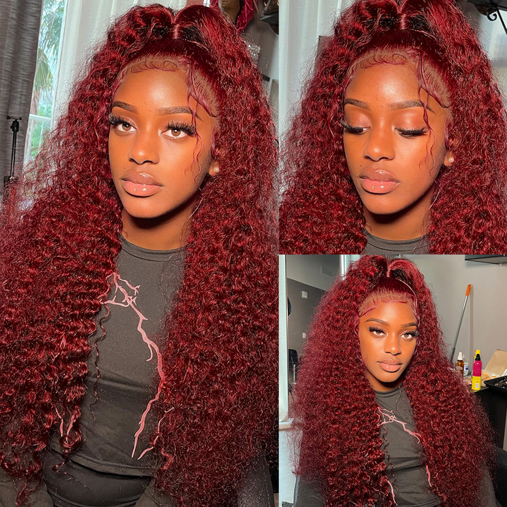 4x4 220%density Guleless Human Hair Wig 99J Burgundy Deep Curly Lace Front Wigs 13x6 HD Transparent Deep Wave Lace Frontal Wigs