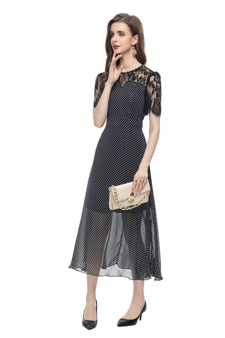 Women's Runway Dresses O Neck Short Sleeves Polka Dots Printed Lace Patchwork Fashion Desiger Mid Vestidos