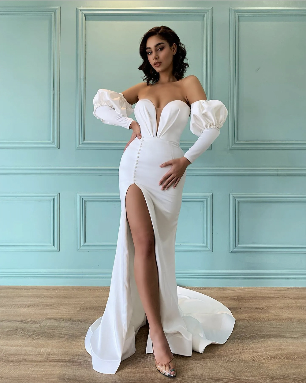 Glamourous Mermaid Wedding Dresses Illusion Sweetheart Button Split Wedding Dress Puffy Sleeves Robe de Mariee Bridal klänningar