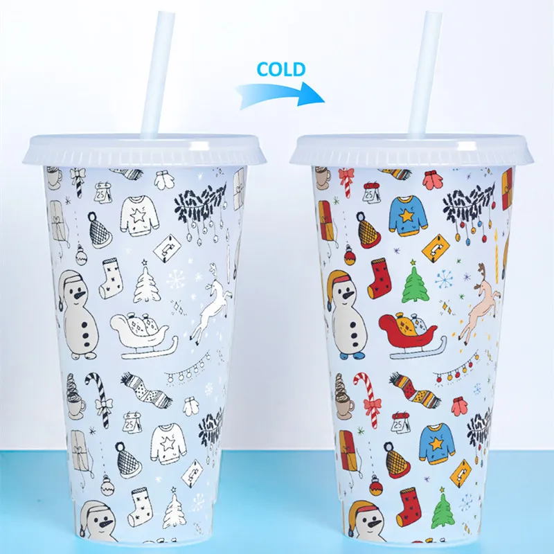 24OZ/710ml Christmas Halloween Mug Color-Changing Water Cup Cold-Changing Drink Straw Cup Fruit Tea PP Temperature-Sensitive Plastic Cups Gift