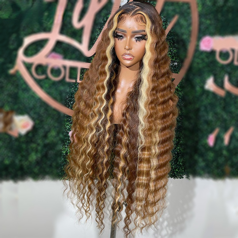 Brazylijska peruka Brazylian Exche Exche Human Hair Deep Wave koronkowa peruka czołowa 13x4 Brązowa blondynka kolorowe koronkowe peruki przednie syntetyczne 250 gęstość