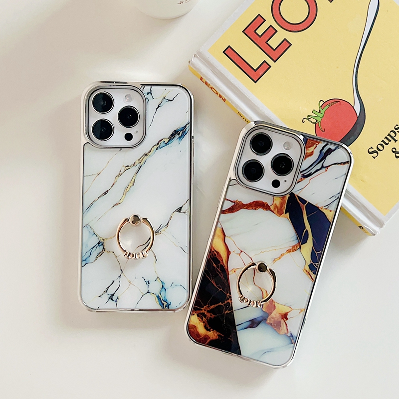 Chromed Cases For Iphone 15 Pro Max 15 Plus Phone15 Luxury Bling Marble Plating Hard PC TPU Rock Stone Metal Finger Ring Holder Metallic Skin Phone Kickstand Cover