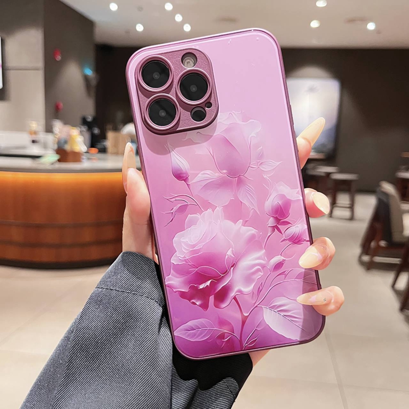 Custodie in silicone liquido olio di vetro temperato fiore rosa moda Iphone 15 14 Pro Max Plus 13 12 11 Iphone15 Cover posteriore cellulare con foro sottile floreale di lusso elegante