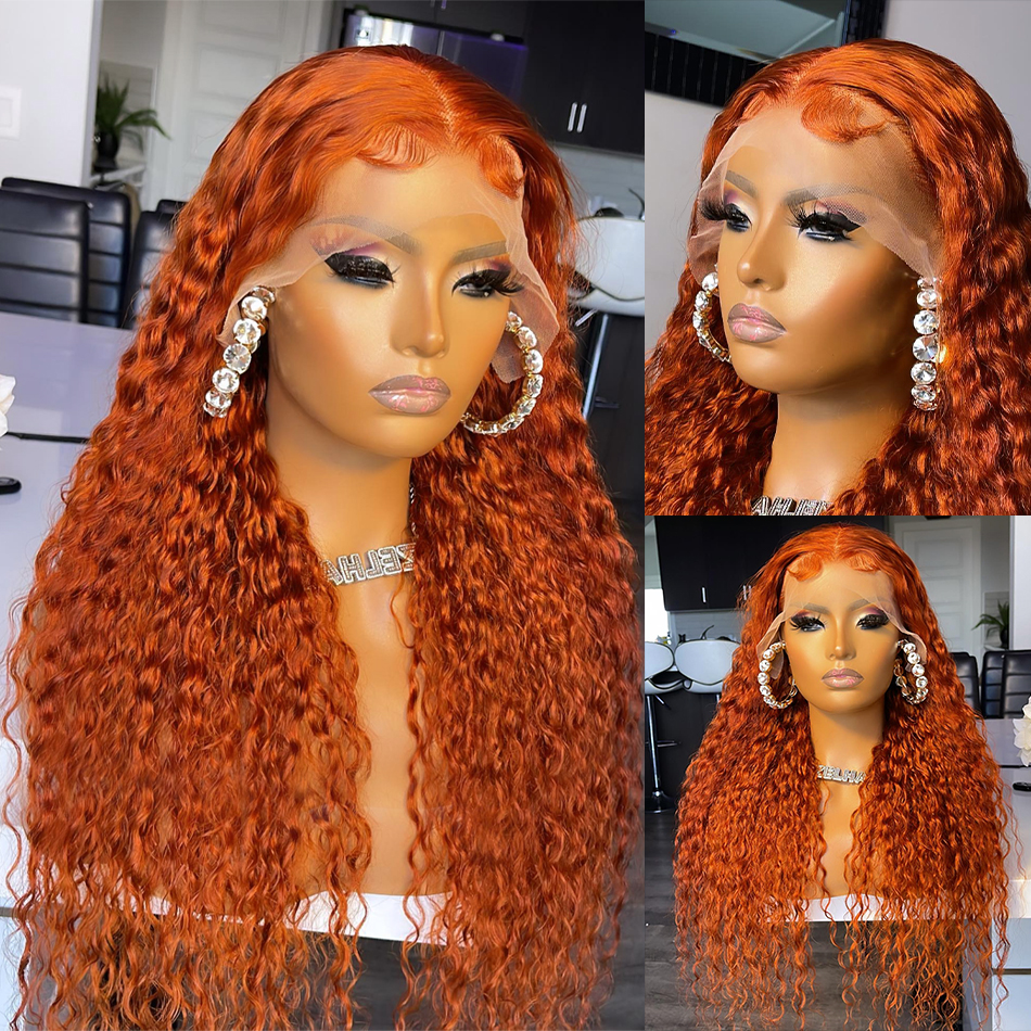 220%density 30 Inch Ginger Orange Loose Curly Transparent Lace Front Human Hair Wig Deep Wave Colored 13x4 Lace Frontal Wigs for Women