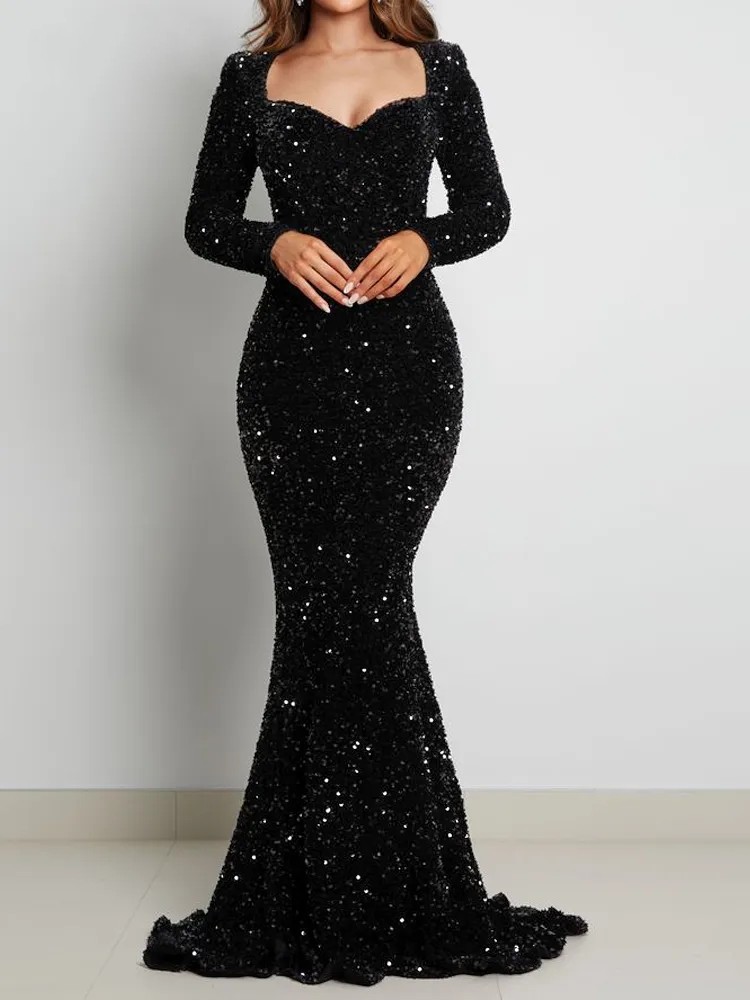 Glanzende zwarte lovertjes Mermaid prom jurken plus size met lange mouwen vrouwen speciale afgelegen feestjurken slanke gepaste beroemdheid rode gala avond formele jurk cl2722