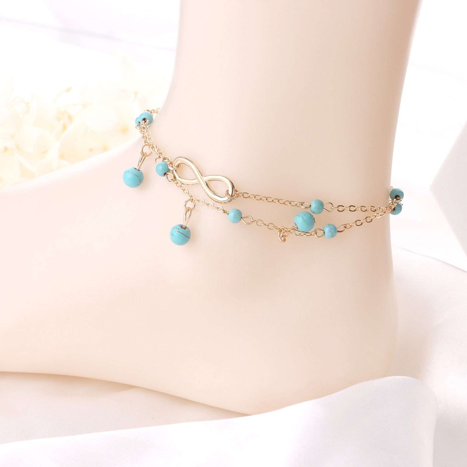 Boho Kvinnliga dubbla skiktade ankletter Barefoot Sandaler Imitation Pearl Foot Jewelry Anklets för kvinnor till fots Ankelarmband