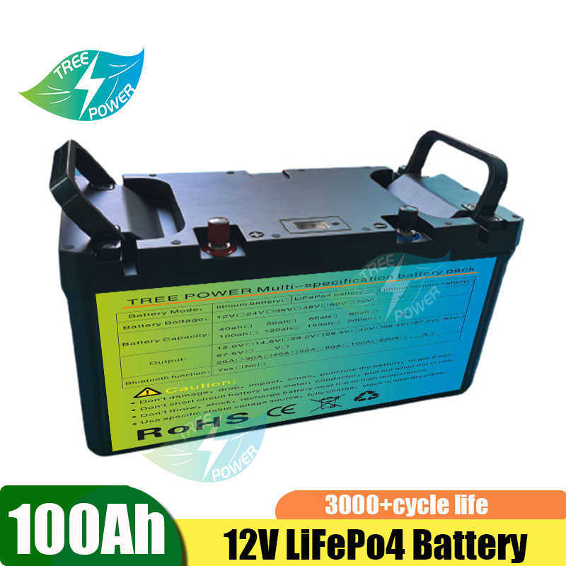 LIFEPO4 12V 100AH ​​Laddningsbart litiumjärnbatteripaket med BMS för intervju Solpanel UPS+ 10A -laddare