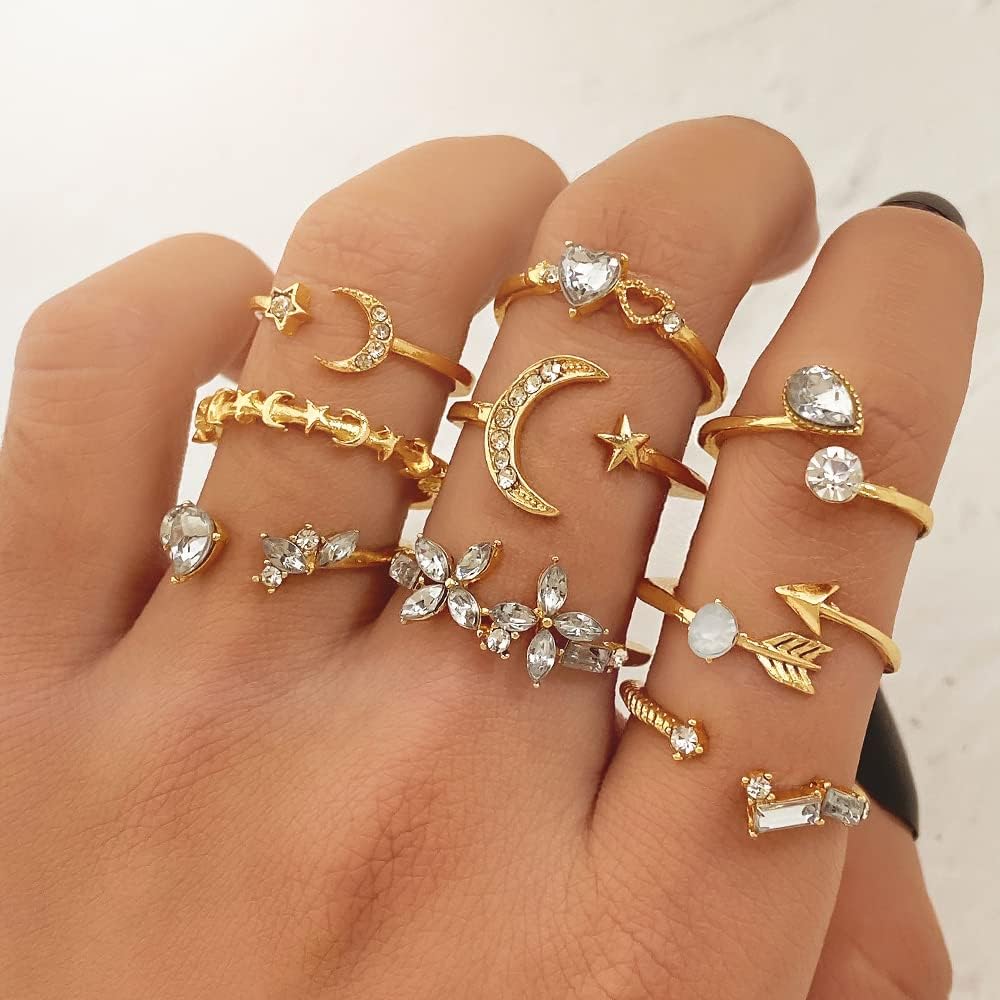 Gold Stackable Moon Star Knuckle Rings uppsättning för kvinnliga tonårsflickor, Boho Dainty Lightweight Stacking Rings, Vintage Midi Rings Pack, smyckespresent till henne