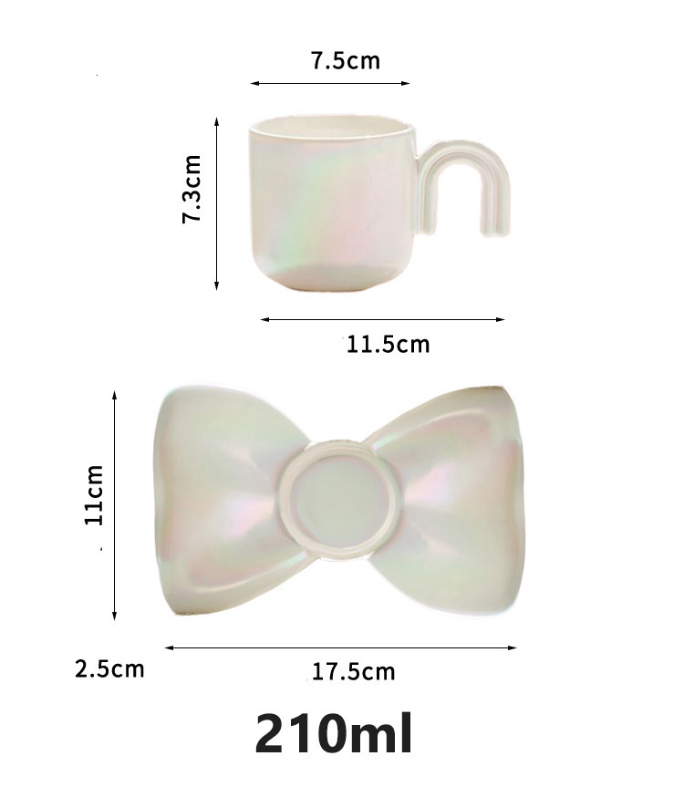 Gifts for Valentine's Day Mugs Creative Ceramic Milk Cup Cute Bowknot Shape Dessert Plate Pearl Gradient Rainbow Handle Coffee Mug Star Spoon Home Tea Set 230815