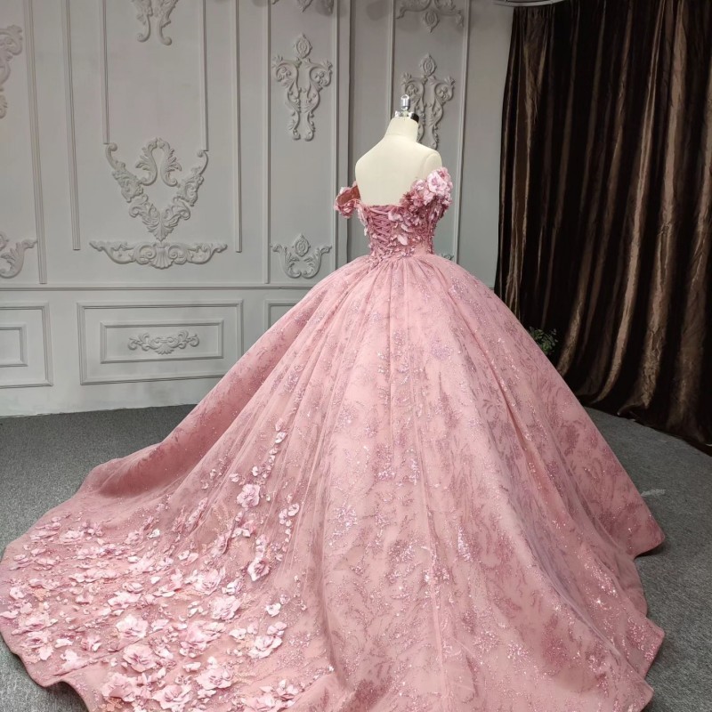 Rosa brilhante querida quinceanera vestidos de baile 3dflower rendas apliques vestido de festa à noite rendas até 2024
