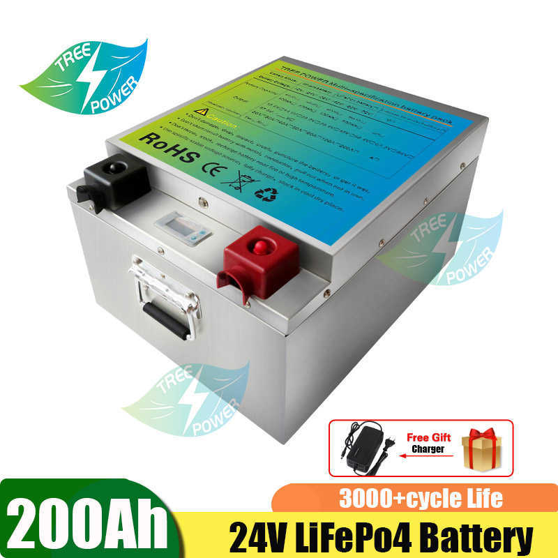 lithium 200ah battery 24v deep cycle lifepo4 battery packs with BMS for RV cars solar homes+ charger