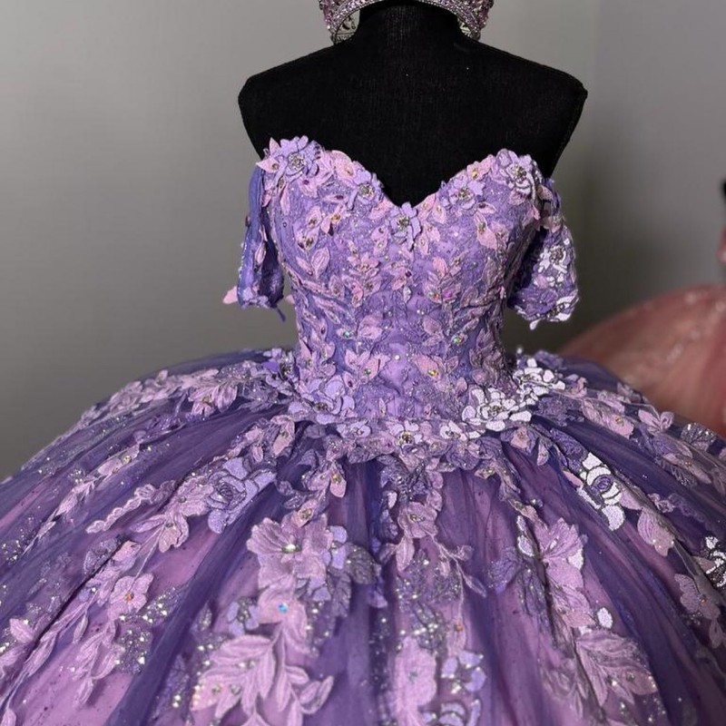 2024 roxo quinceanera vestidos 3d floral fora do ombro exposto desossa meninas festa de aniversário vestidos de baile princesa 15 16